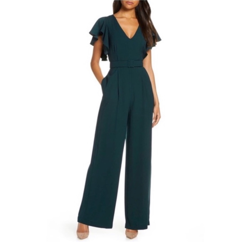 NWT Eliza J Green Floral Flutter Sleeve Jumpsuit Size 8
